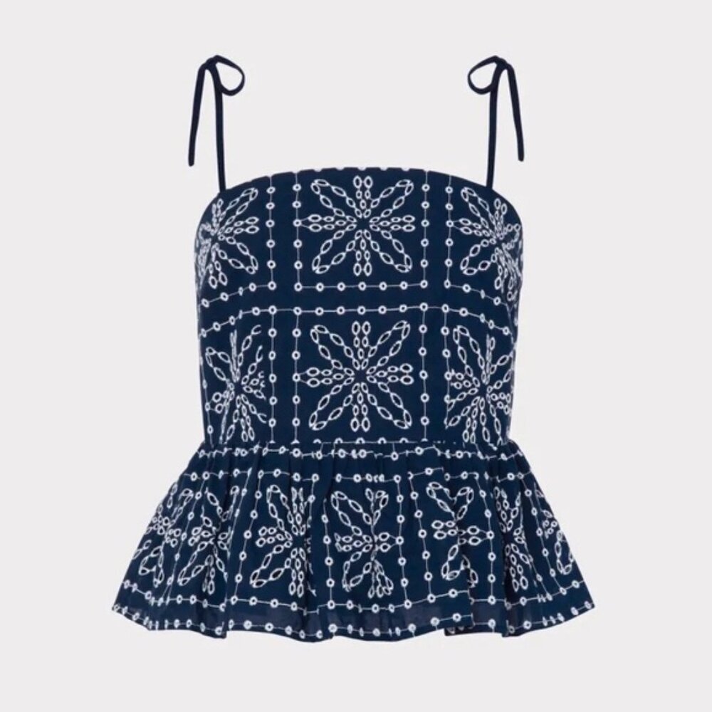 NWT MILLY Enzo Floral Tile Eyelet Peplum Top 72ET21 Size MEDIUM - Picture 2 of 15